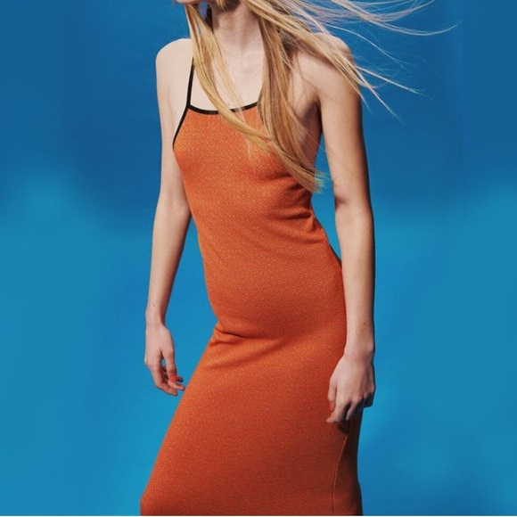 NWOT ZARA Orange Jacquard Knit Midi Bodycon Halter Dress size XS/S - Picture 1 of 5